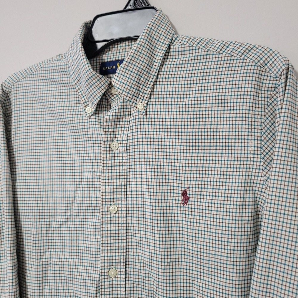 Polo Ralph Lauren Button Down Shirt Mens M Cream Teal Tattersall Check Pony